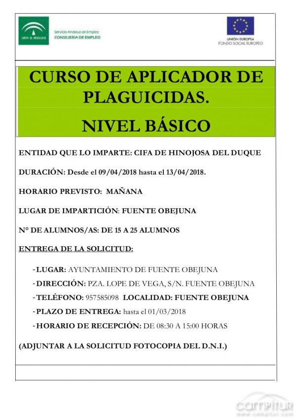 Curso de Aplicación de Plaguicidas. Nivel Básico, en Fuente Obejuna 