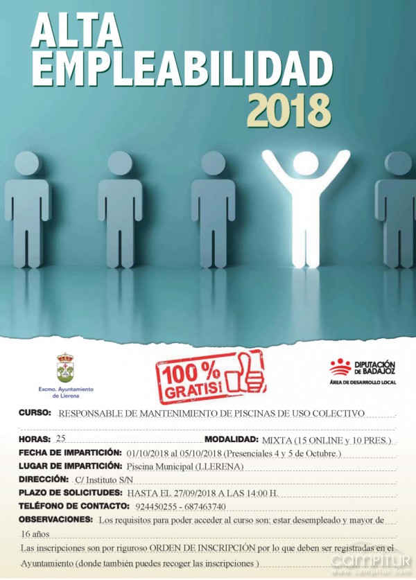 Curso gratuito de Mantenimiento de Piscina en Llerena 